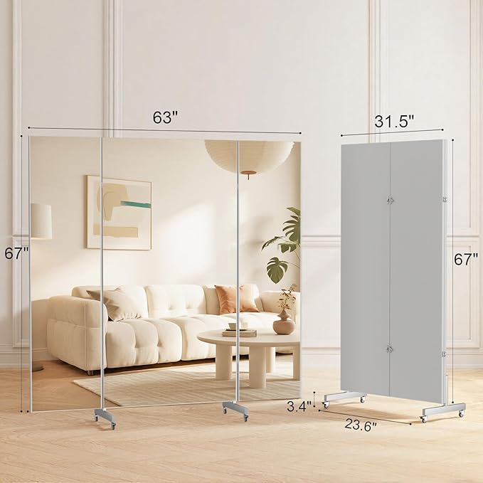 brisafe 67"x63" Folding Mirror with Wheels, 3-Panel Full Length Wall Mirror, Space-Saving Design, Shatterproof Nano Material, Portable Floor Mirror for Gym, Dance Studio, Home, Commercial Use, Silver