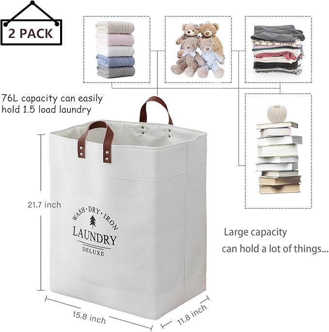 COMFY HOMI 2Pack 76L Laundry Basket & Hamper, Large Collapsible Waterproof Clothes Baskets with Handles, Freestanding Laundry Hampers for Bedroom Bathroom Dorm - 15.8x11.8x21.7 Inch - all white