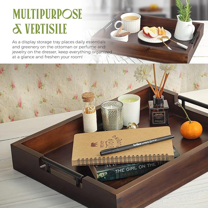 Ottoman Tray, Acacia Wood Serving Tray with Metal Handles, 16.5x12.5in Food Drinks Tray for Coffee Table, Breakfast, Dinner & Bar, Rustic Decorative Storage Tray for Ottoman, Kitchen, Packaging