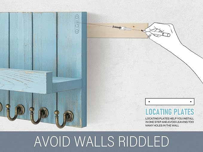 Rebee Vision Decorative Key Holder for Wall - Farmhouse Mail Organizer and Key Hanger Wall Mount for Floating Shelf with Hooks - Mid Century Home Decor Aesthetic (Distressed Blue)