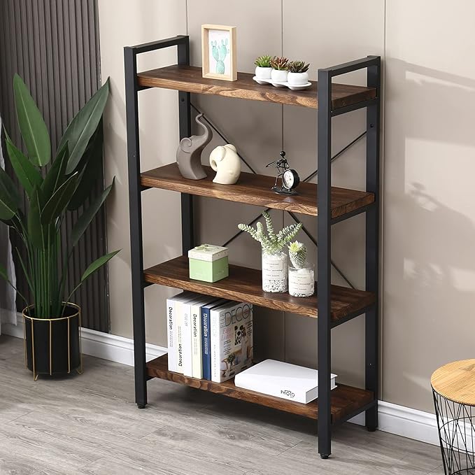 Solid Wood Bookshelf,4 Tier Rustic Vintage Industrial Etagere Bookcase, Open Metal and Wood Vintage Book Shelf, Retro Brown (RealWood)(4-Tier)