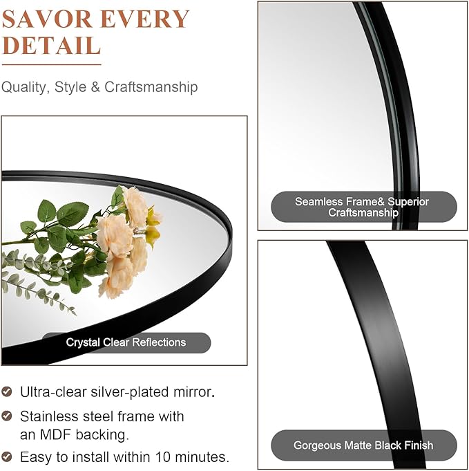 ANDY STAR Arched Mirror, 30 x 36 Inch Black Wall Mirror in Stainless Steel Metal Frame, Arch Top Rounded Corner 1 Inch Deep Set Design Wall Mount Hangs Vertical