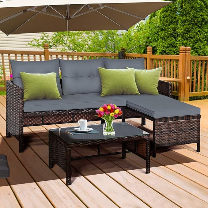 Tangkula Patio Corner Sofa Set 3 Piece, Outdoor Rattan Sofa Set, Includes Lounge Chaise, Loveseat & Coffee Table, Patio Garden Poolside Lawn Backyard Furniture