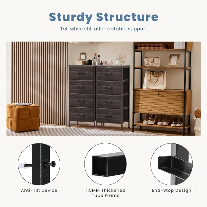 DUMOS Nightstand with 4 Drawers Bedside Table with Removable Fabric Bins Sturdy Steel Frame Wood Top Organizer Furniture for Bedroom Closet Living Room,Black Wood Grain