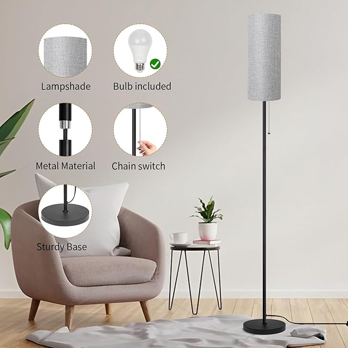 Floor Lamp for Living Room, Modern Standing Lamps with Lampshade, Minimalist Tall Lamp with Chain Switch for Living Room, LED Bulb Included (Gray Shade)