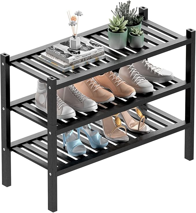 3 Tier (Thick) Bamboo Shoe Rack for Entryway, Small Wood Shoe Shelf Storage Organizer for Closet, Shoe Stand for Hallway, Stackable and Sturdy 27"x12"x21" Black