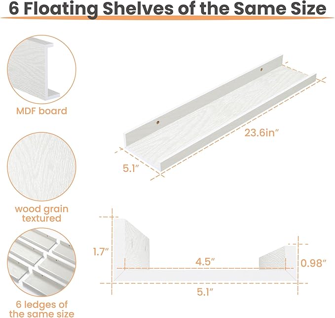 upsimples Floating Shelves for Wall, 23.6 Inch Shelves for Decor Storage Set of 6, Wall Mounted Wood Shelf for Bedroom, Living Room, Bathroom, Kitchen, Long Picture Ledge Shelves, White
