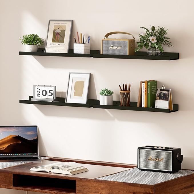 upsimples Floating Shelves for Wall, 23.6 Inch Shelves for Decor Storage Set of 6, Wall Mounted Wood Shelf for Bedroom, Living Room, Bathroom, Kitchen, Long Picture Ledge Shelves, Black