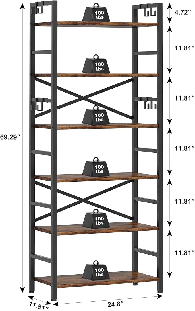 Homeiju 6 Tier Bookshelf, Industrial Bookcase with 8 Hooks, Vintage Storage Rack with Open Shelves, Rustic Standing Bookshelves Metal Frame Display Rack for Living Room, Bedroom, Rustic Brown
