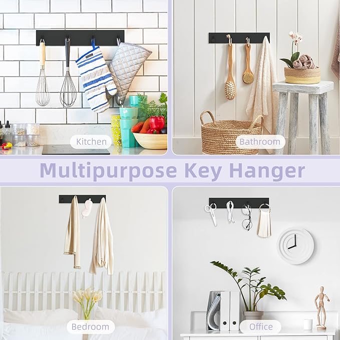 VIS'V Key Holder Wall Mount, Large Metal Self Adhesive Key Hanger with 4 Hooks, No Drilling, Extra Adhesive Strip, Black