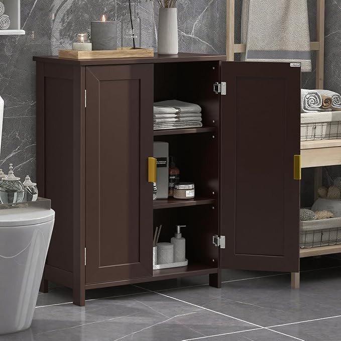 TaoHFE Brown Bathroom Storage Cabinet,Wood Bathroom Cabinets Freestanding with 2 Door Organizers Storages with Adjustable Shelves, Storage Cabinet for Living Room,Laundry Room