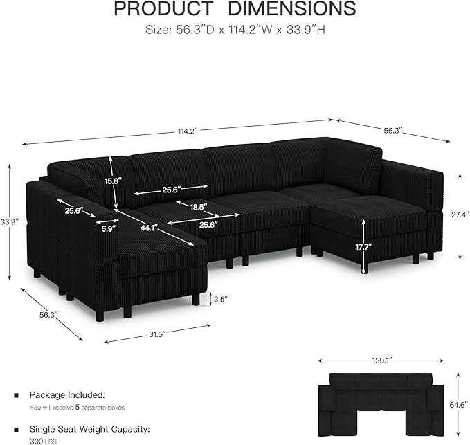 114.2" U Shaped Sectional Sofa,6 Seat Corduroy Couch,Comfy Modular Sectional Sofa with Storage Movable Ottoman Chaise,Upholstered Sectional Couches for Living Room,Black