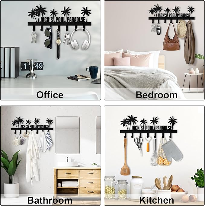 Personalized Key Holder for Wall, Beach Theme Key Holder Wall Mount with Hooks, Coconut Trees Key Hanger Wall Decor for Pool Bathroom Hallway Entryway Office, Customized Home Decor Gifts Color08