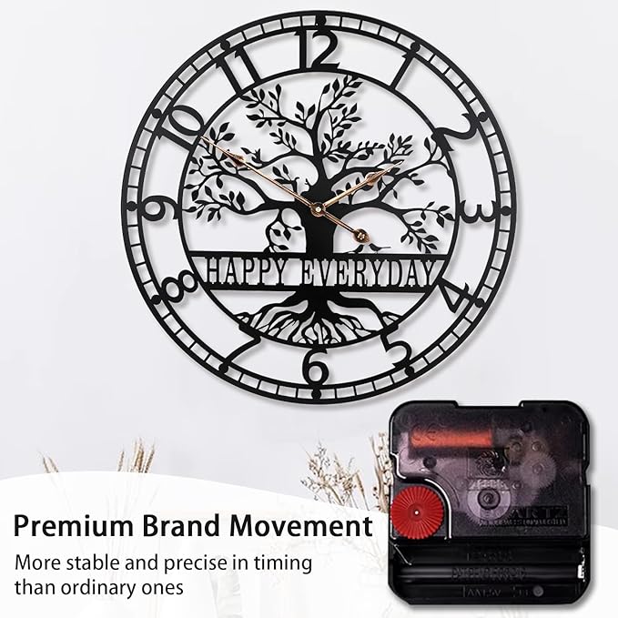 Tree of Life Wall Clock,Metal Black Large Wall Clock, 24inch Oversized Wall Clock for Living Room Bedroom Home Decor,Silent Mid-Century Clock,Modern Family Tree Clock