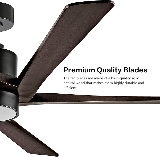 WINGBO 72 Inch DC Ceiling Fan with Lights and 3 Downrods, 5 Reversible Carved Wood Blades, 6-Speed Noiseless DC Motor, Large Ceiling Fan in Matte Black Finish with Walnut Blades, ETL Listed