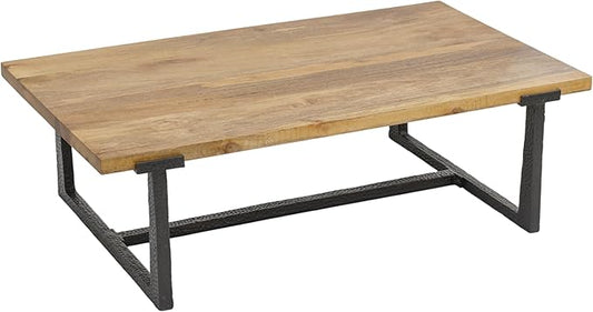 The Urban Port Marlon 48" Coffee Table | Handmade Aluminum Cast Frame | Natural Solid Mango Wood Top, Black and Brown