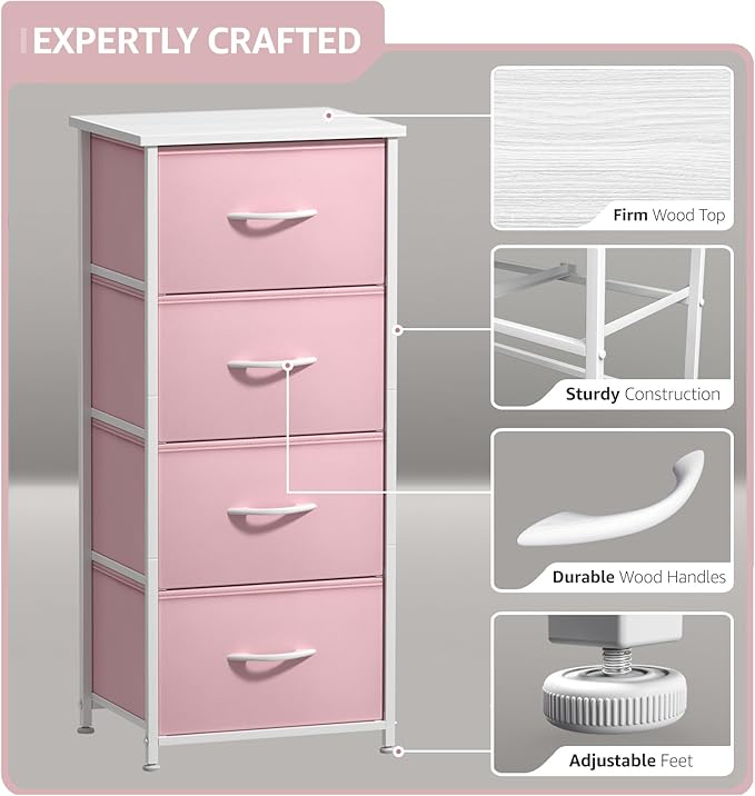 Sorbus Dresser Storage Tower, Organizer Drawers for Closet Boys & Girls Bedroom, Bedside Furniture, Chest for Home, College Dorm, Steel Frame, Wood Top, Fabric Bins(Pink)