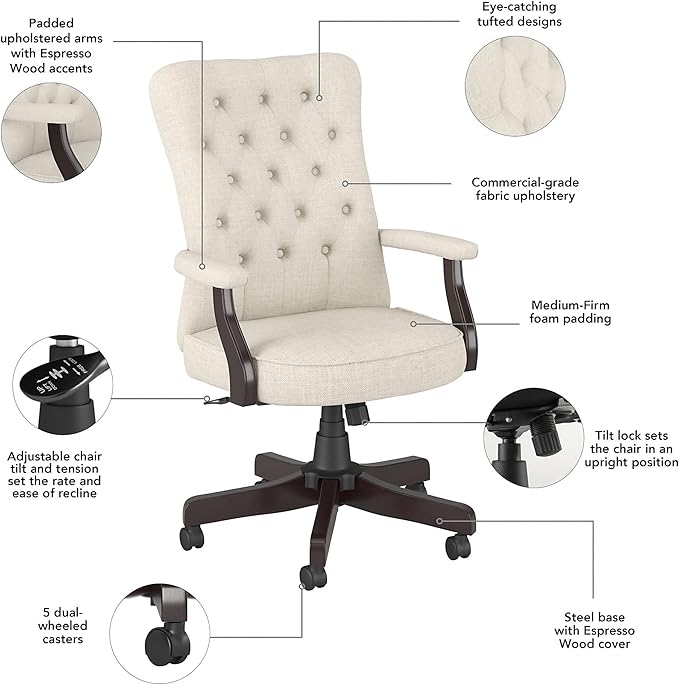 Bush Business Furniture Arden Lane High Back Tufted Office Chair with Arms in Cream Fabric, Comfortable Computer Desk Seating for Home or Professional Workspace