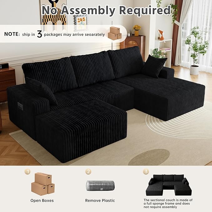 108" U Shaped Sectional Couch with Ottoman, Corduroy Modular Sectional Sofa with Deep Seat, Modern Modular L-Shape Sofa Couch with Chaise,Upholstered Boneless Couches for Living Room Bedroom