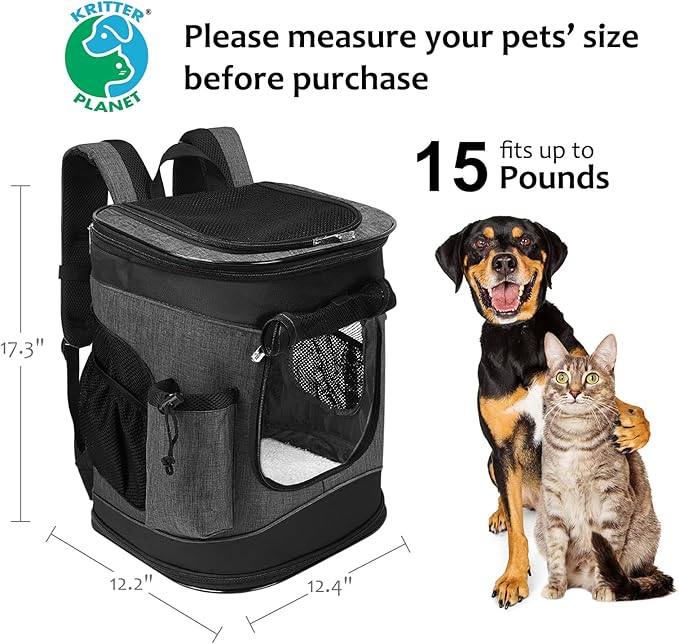 Kritter Planet Pet Carrier Backpack for Cats Dogs, Breathable Pet Backpack with 4 Mesh Window, Portable Pet Carrier for Camping