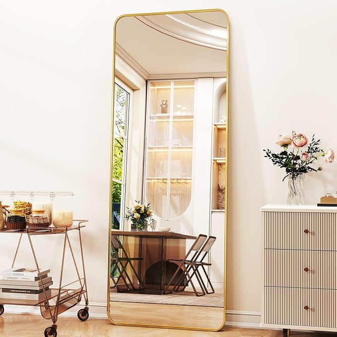 Full Length Mirror 23"x66", Large Floor Mirror with Rectangle Rounded Corners, Gold Aluminum Alloy Frame, Wall Mirror for Full Body