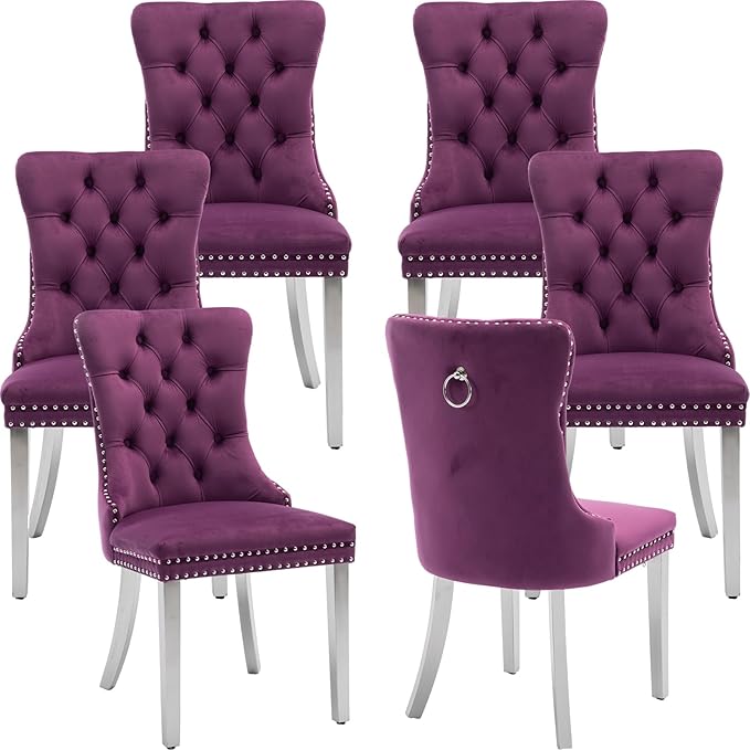 Luxury Upholstered Dining Chairs Set of 6, Purple Kitchen Chair with Silver Metal Legs, Velvet Tufted Back Dining Chair, Sillas de Comedor, Modern Kitchen & Dining Room Chairs (Purple, 6 Pcs)