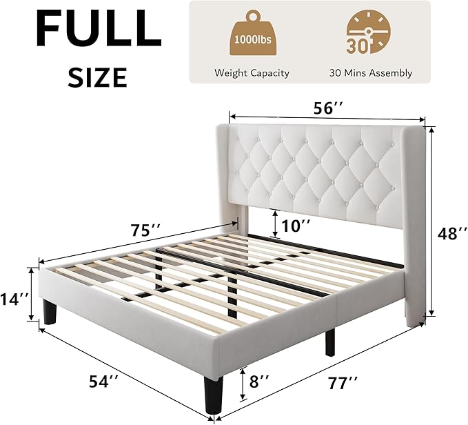 iPormis Full Size Velvet Platform Bed Frame with Button Tufted Headboard, Upholstered Bed Frame with Solid Wooden Slats, 8" Underbed Space, No Box Spring Needed, Noise Free, Easy Assembly, White
