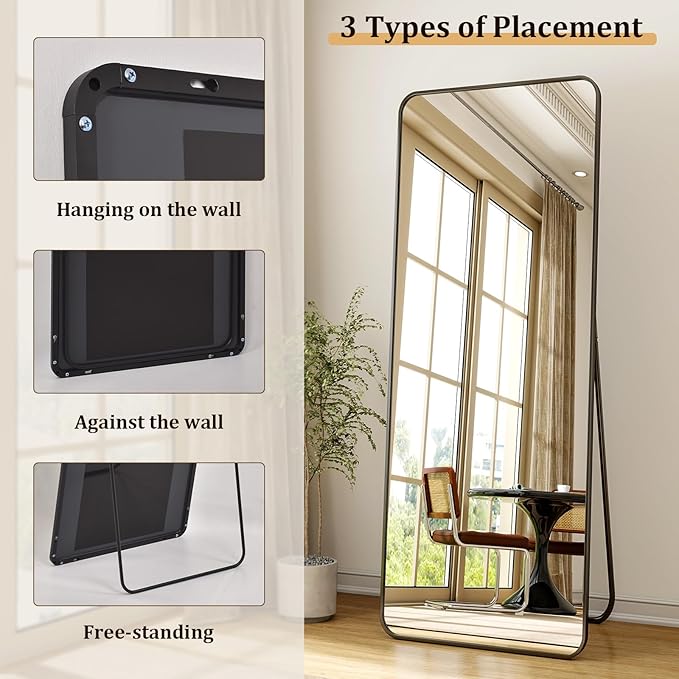 VooBang Round Corner Mirror Full Length, 16" x 59" Floor Mirror with Stand, Matte Aluminum Alloy Frame Full Body Mirror, Standing Hanging or Leaning for Bedroom and Living Room, Black