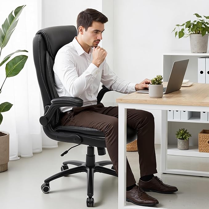 Ergonomic PU Leather Office Chair with Flip-Up Armrests, Reclining Backrest, Adjustable Height & Tilt Tension, Thick Padded Seat, Breathable Leather, 300LBS Capacity Executive Desk Chair,Black