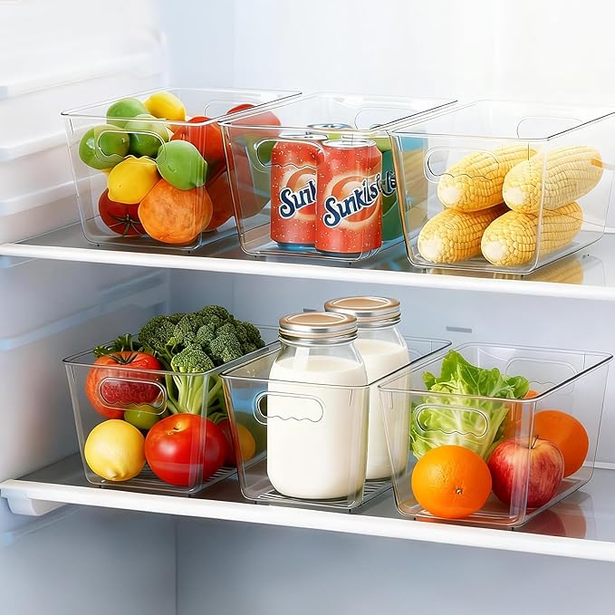 Clear Pantry Organizer Bins, Storage Containers & Plastic Containers with Handle, Cabinet Organizer, Home Organization Must Haves for Kitchen, Laundry Room, Office, Closet & Freezer (6 Pack)