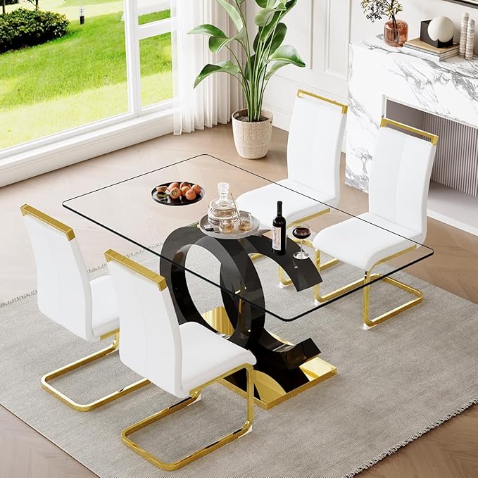 63'' Glass Dining Table Set for 4, Kitchen Table Chairs Set of 4, Clear Glass Dining Table with Black unique design Leg and Gold Metal Base, 4 PU Dining Chairs with Metal Legs, Living Room, Kitchen.