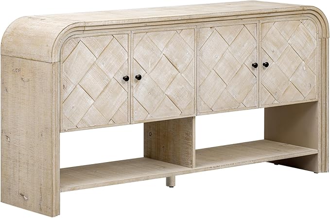 60'' Curved Sideboard with 4 Doors and Bottom Shelf, Versatile Wooden Accent Storage Cabinet Entryway Console Table for Hallway Living Room Dining Room (Beige-4.16)