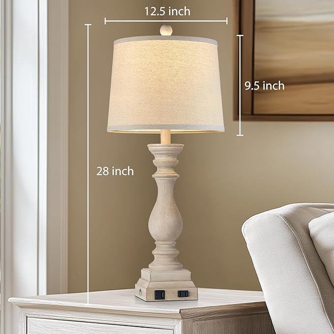 28" Farmhouse Table Lamps Set of 2 with USB C+A Ports and AC Outlet, 3 Way Touch Tall Vintage Bedside Lamp for Living Room, Beige Rustic Nightstand Lamp for Bedroom Office