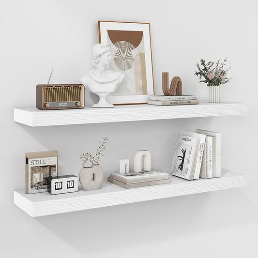 Fun Memories 36 Inch Floating Shelves - Deep Rustic White Wooden Wall Shelves - Extra Deeper & Thicker Wall Mounted Storage Shelf for Bedroom, Kitchen, Farmhouse - 2 Pack, Rustic White
