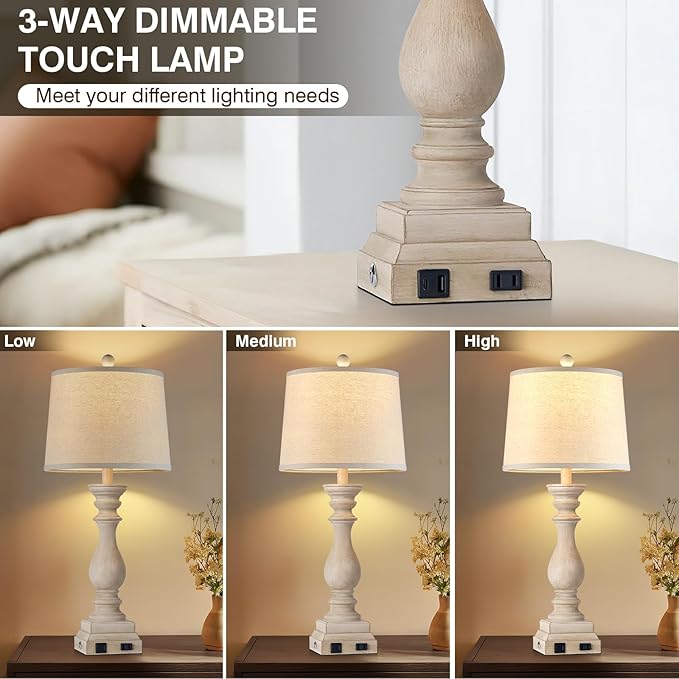 28" Farmhouse Table Lamps Set of 2 with USB C+A Ports and AC Outlet, 3 Way Touch Tall Vintage Bedside Lamp for Living Room, Beige Rustic Nightstand Lamp for Bedroom Office