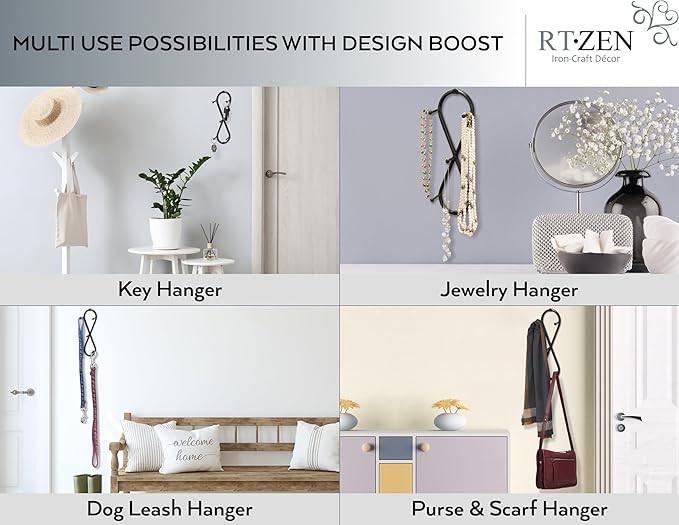 RTZEN Farmhouse Small Key Holder for Wall - Handcrafted Swirl Decorative 5 Key Hooks for Home Entryway - Wrought Iron Wall Mount Rack Purse Coat and Leash Holder or Organizer (Infinity Black)