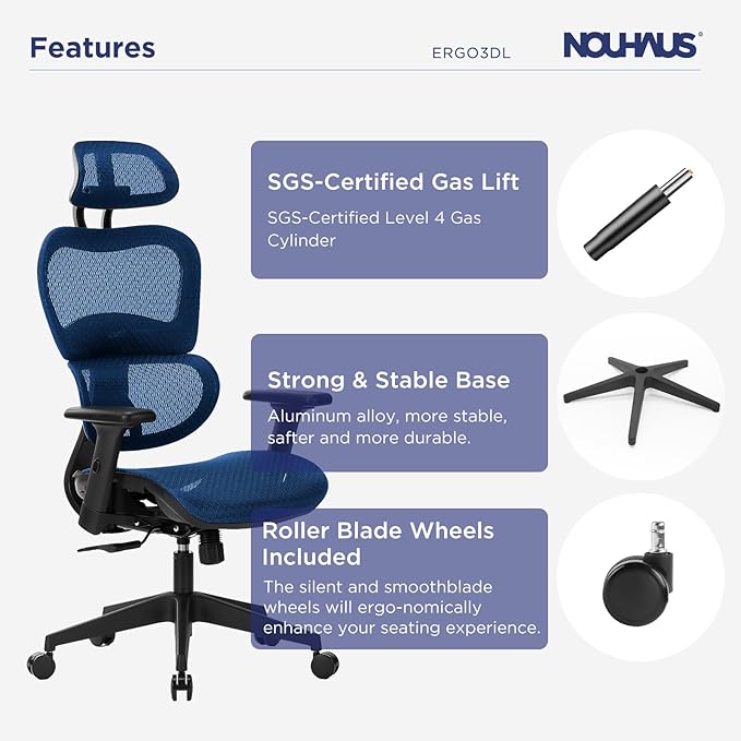 Nouhaus Ergo3dL Home Office Desk Chairs Ergonomic Office Chair High-Back Mesh Rolling Work Chairs with Wheels and Adjustable Headrests Comfortable Lumbar Support Adjustable Armrests,Navy Blue