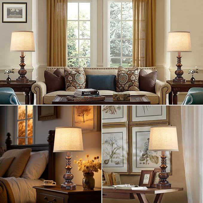 Vintage Bedside Table Lamps Set of 2 for Bedroom Nightstand Lamps with USB Charging Ports Rustic Farmhouse Small Table Lamp for Living Room End Tables Brown Wooden Finish, Pull Chain