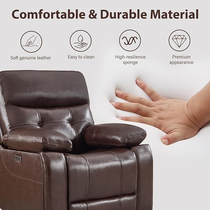 CANMOV Genuine Leather Power Recliner Sofa,3 Seater Reclining Sofa with Comfortable Arms and Back,Modern Electric Recliner Couch Set with Hidden Cup Holders,USB Port for Living Room,Dark Brown