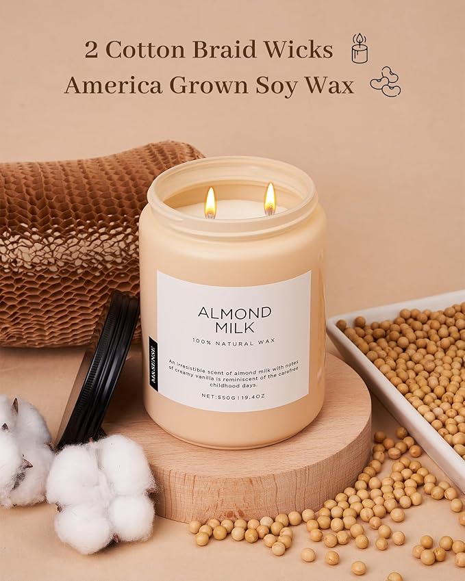 M&SENSE Almond Milk Scented Candles for Home, 19.4oz 110 Hours Long Lasting Non Toxic Natural Organic Soy Wax Relaxing Scented Candle Housewarming Gift for Friends Teachers