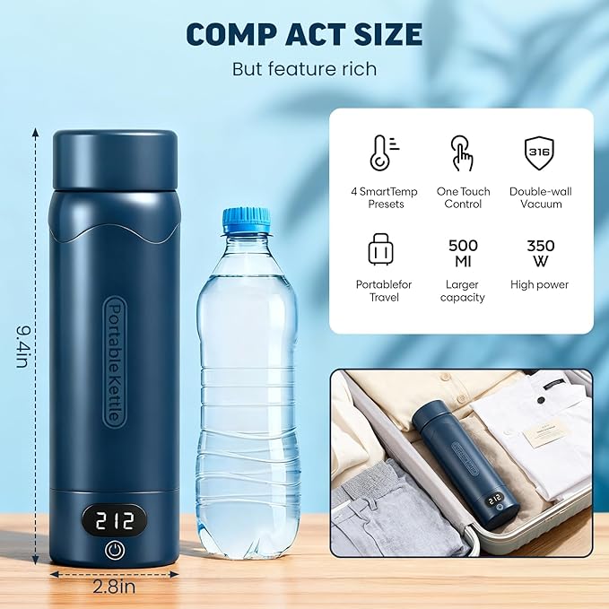 Travel Electric Kettle Portable Mini Kettle, 316 Stainless Steel 16.91Oz/500mL, Small Hot Water Boiler with 4 Temperature,Fast Boiling water with Auto Shut-Off and Boil Dry Protection Blue