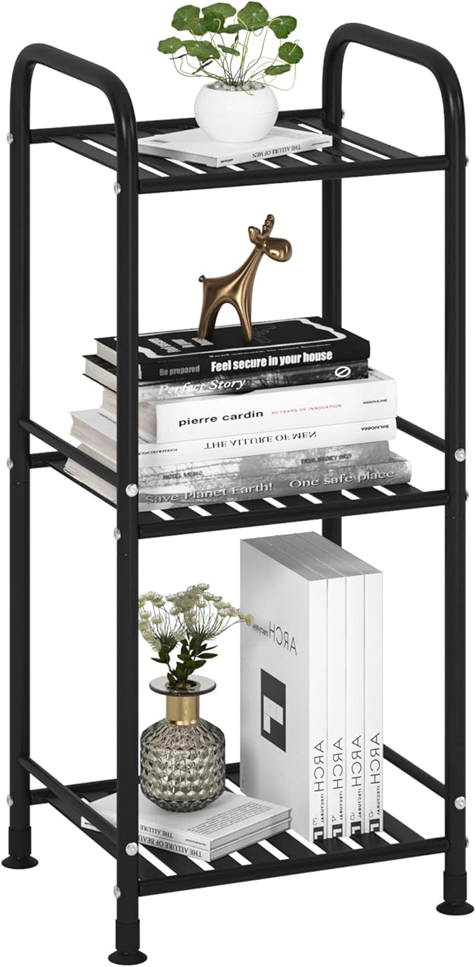 JSB 3 Tier Narrow Bathroom Shelving Unit, Kitchen Storage Rack Organizer Metal Corner Shelf for Living Room Laundry Pantry (Matte Black, 3 Tier)