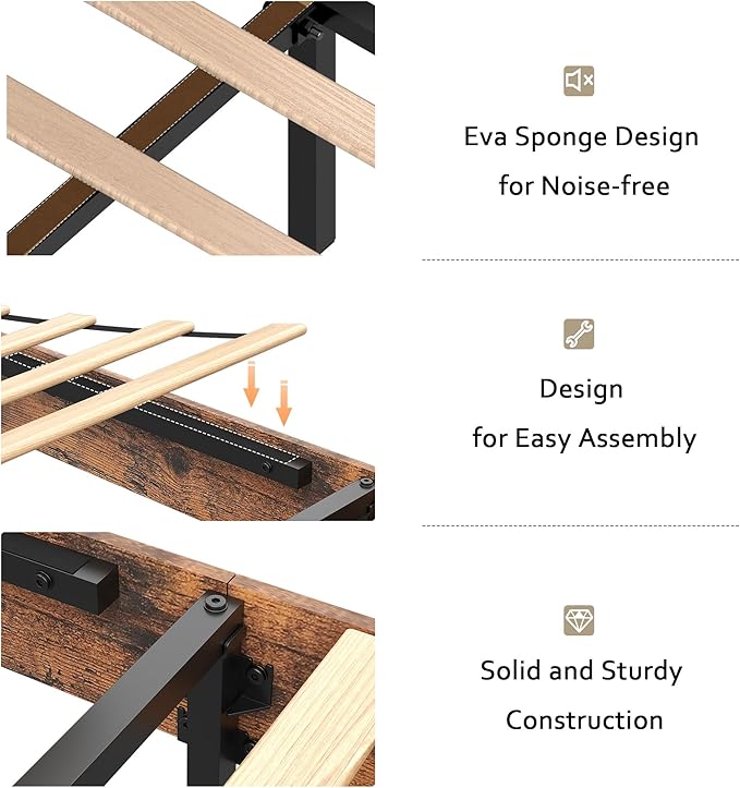 Wooden Bed Frame Queen Size with Headboard & Sliding Barn Door Storage Footboard, Farmhouse Platform Bedframe with Charging Station, No Box Spring Needed, Brown