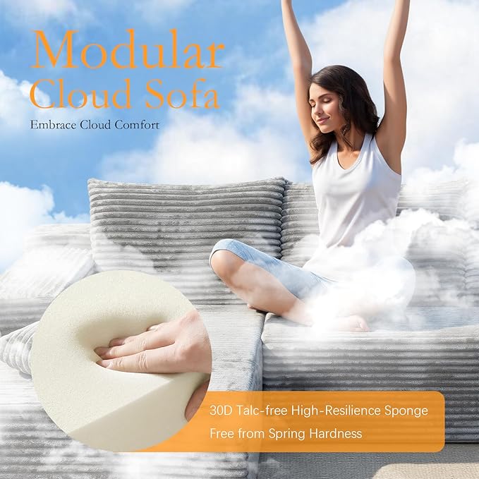 106''Boneless Couches for Living Room, L Shaped Modular Sectional Sofa with Chaise Lounge, Faux Rabbit Fur & Layered Cushion Deep Seat Cloud Couch, No Assembly (Grey, Left Facing Chaise)