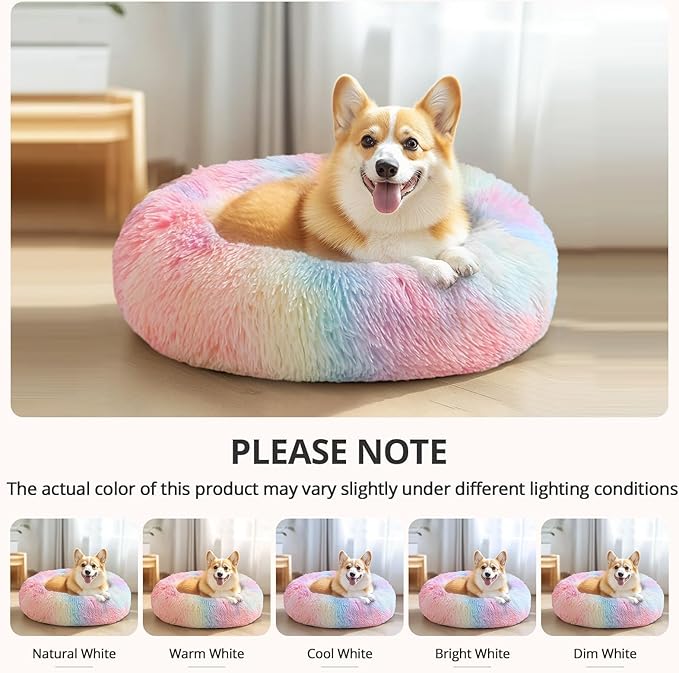 JOLLYVOGUE Calming Dog & Cat Bed for Small Dogs, Anti-Anxiety Donut Cuddler Cozy Soft Round Bed with Anti-Slip Bottom, Fluffy Faux Fur Plush Cushion Beds for Small Medium Dogs, 20"/Rainbow