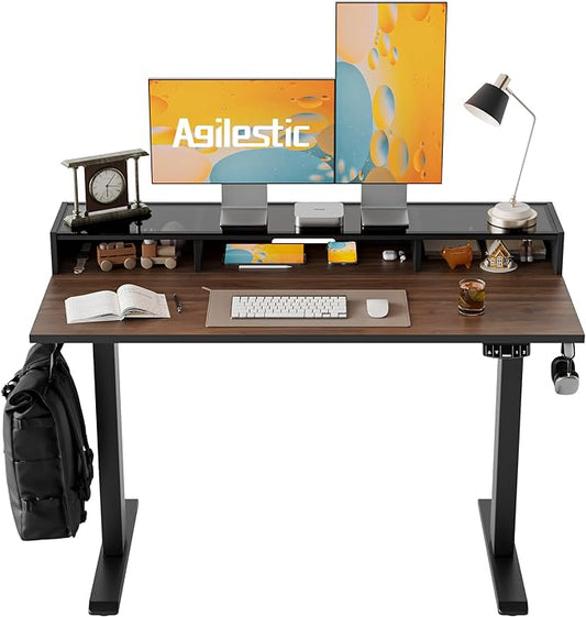 Agilestic Glass Standing Desk with Storage, 48 Inch Electric Adjustable Desk with Glass Shelf, Sit Stand Up Home Office Computer Table, Splice Board, Dark Walnut