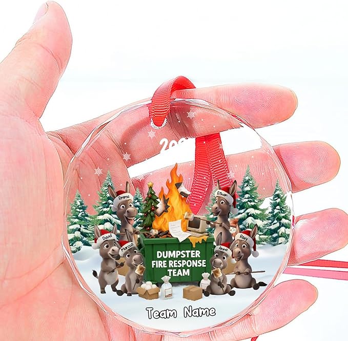 NAZENTI Personalized Funny Donkey Fire Response Team Glass Ornament, Custom Flaming Dumpster Holiday Piece, Coworker Christmas Tree Hanging Decoration