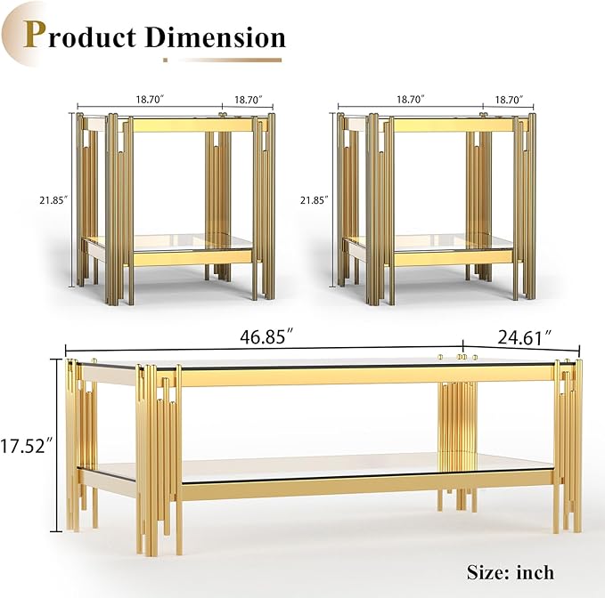 Goujxcy Glass Modern Coffee Table Set of 2 with Storage, Glass Top and Stainless Steel Frame, Living Room Table Set for Apartment Home Office