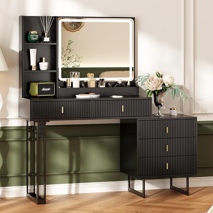 Large Vanity Desk with 3 Color Touch Screen Dimming Mirror, Vanity Desk with Charging Station, Modern Retractable Makeup Dressing Table, Makeup Table With storage shelves and 5 Sliding Drawers, Black