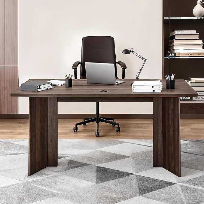 VEVOR 63 in Executive Desk, Large Modern Rectangle Office Table, Heavy Duty Wooden Executive Table with Cable Connection Hole, 250 LBS Load Capacity, Easy Assembly, for Work Study Writing, Walnut